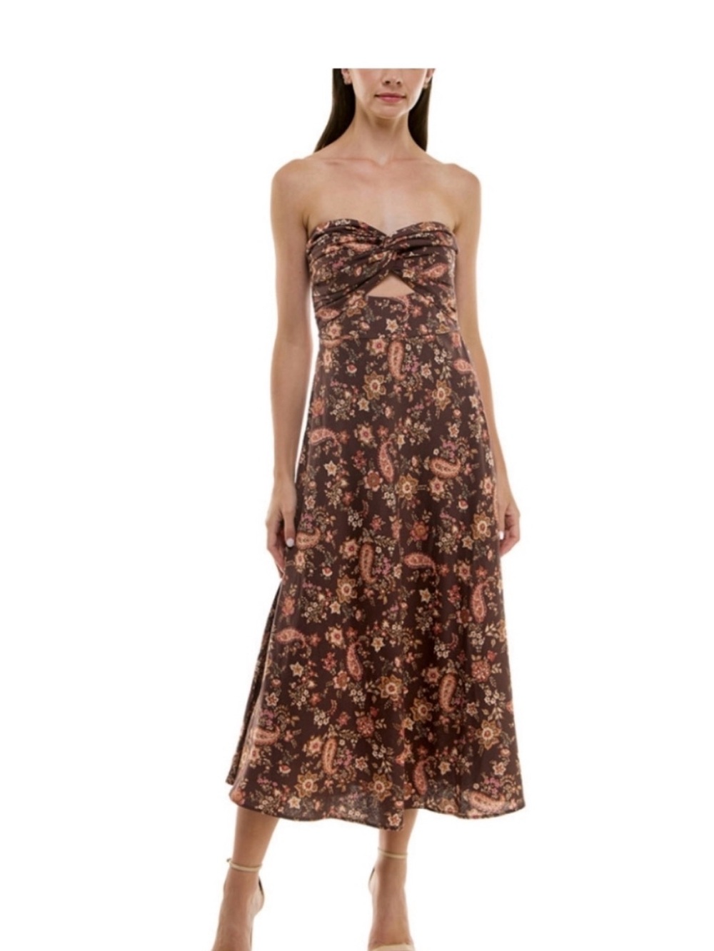 Francesca's Collections Brown Paisley Strapless Midi Dress